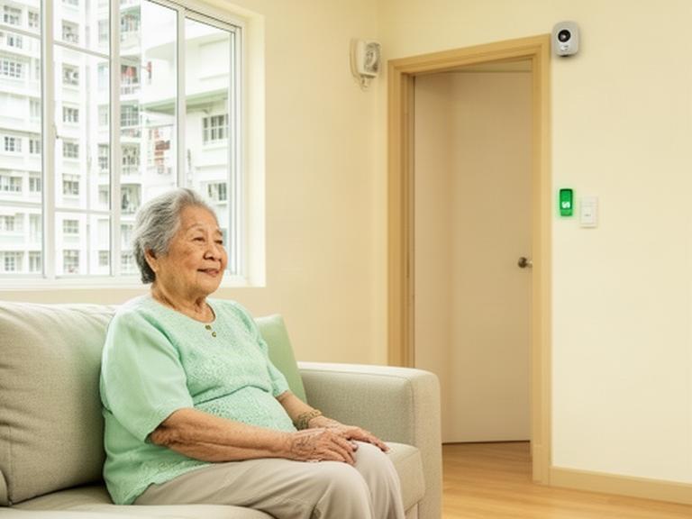An older woman relaxing in a bright Singapore HDB living room with a discreet motion sensor near the doorway