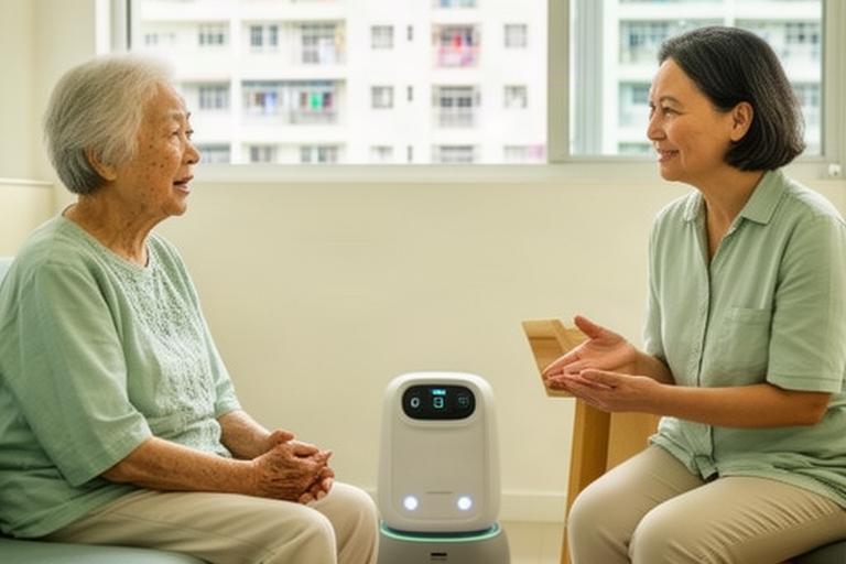 Older adult speaking with a family member beside a small home assistance robot in a bright Singapore flat